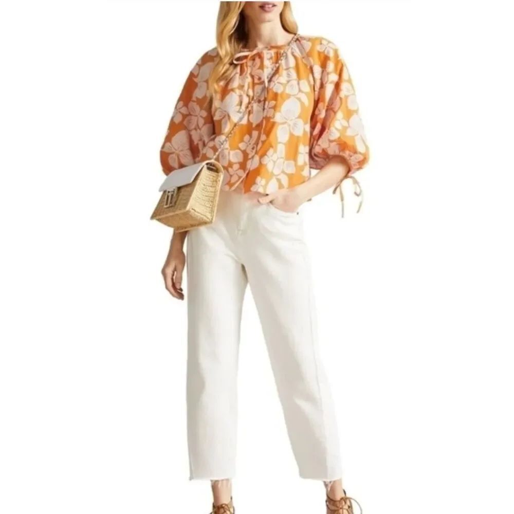 Ted Baker raglan Embossed orange white floral print puff sleeve blouse 2